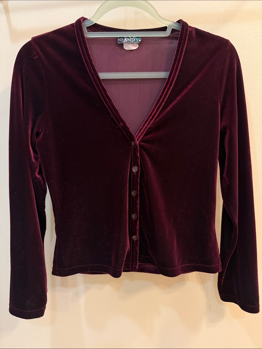 Vintage Eye Candy Velvet Button-Front Cardigan in Deep Wine